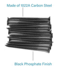 Built Tough Black Door Hinge Screws Size 8 By 2 And Three Quarter Inches Corrosion Resistant Carbon Steel Wood Fasteners displayed in black.
