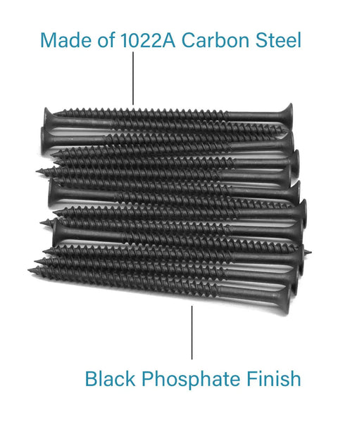 Built Tough Black Door Hinge Screws Size 8 By 2 And Three Quarter Inches Corrosion Resistant Carbon Steel Wood Fasteners displayed in black.