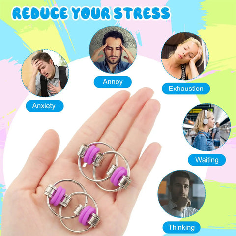 Hand holding two Dope Ten Pack Bike Chain Fidget Flippy Key Rings For Stress Relief And ADHD, stainless steel with silicone, purple version