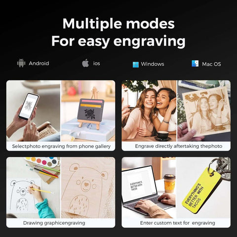 Laser engraving software interface with multiple modes for easy engraving; Android, iOS, Windows, Mac OS icons.