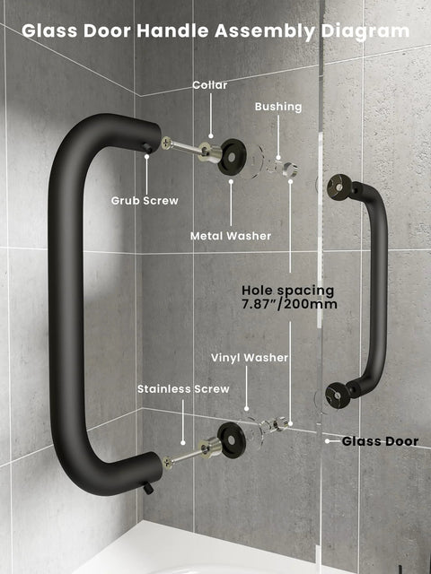 8 Inch Center-To-Center Shower Door Handle 304 Stainless Steel Back-To-Back Glass Pull assembly diagram on glass door