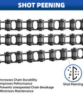 Close-up of 41 Roller Chain 20 Feet Beefed Up Industrial Grade Carbon Steel with shot peening for durability, pre-lubed, pre-stretched.