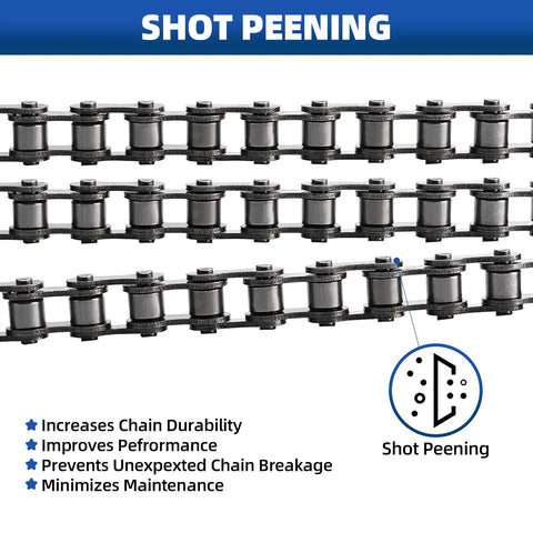 Close-up of 41 Roller Chain 20 Feet Beefed Up Industrial Grade Carbon Steel with shot peening for durability, pre-lubed, pre-stretched.