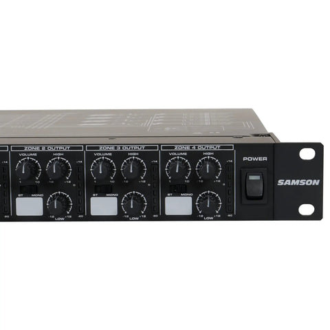 Front view of Zone Four Channel Stereo Mixer for Installations with Mic Ducking, showing zone output controls and power switch
