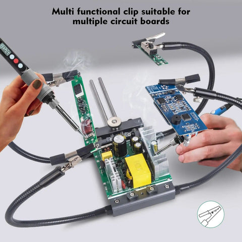 Pro Grade Four Arm Adjustable Soldering Helping Hands With Flexible Gooseneck Arms 360 Degree Rotating PCB Holder in use