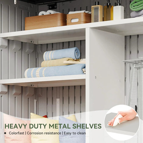 Outdoor Resin Storage Shed With Floor And Metal Shelving Kit 64 Cu Ft Waterproof Vertical Cabinet interior view with shelving