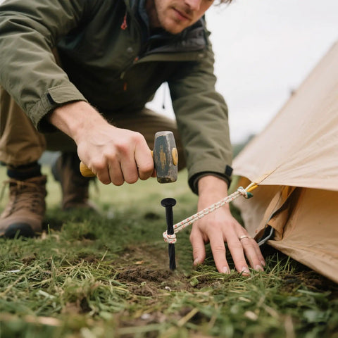 Man hammering black tent stake into grass.