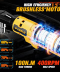 Illustration of Half Inch Cordless Ratchet Wrench With a Beast Brushless Motor in action, highlighting 100 Nm torque and 400 RPM speed.