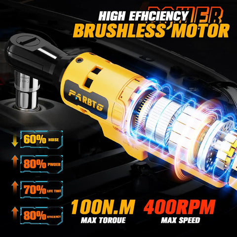 Illustration of Half Inch Cordless Ratchet Wrench With a Beast Brushless Motor in action, highlighting 100 Nm torque and 400 RPM speed.