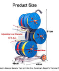 Rugged Wire Spool Rack For Shops And Job Sites, Heavy Duty Cold Rolled Steel Dispenser Holder with blue spools and measurements