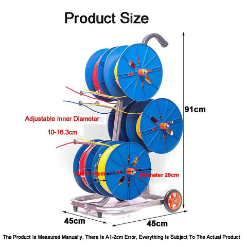 Rugged Wire Spool Rack For Shops And Job Sites, Heavy Duty Cold Rolled Steel Dispenser Holder with blue spools and measurements