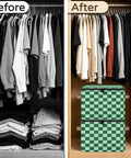 Keeping Your Setup Clean With This Dope Green Checkered Fabric Storage Bin Featuring A Zipper Lid Stackable Foldable Closet Nursery Organizers Large Capacity Toy Trunk Box Bedroom Bathroom Vibe in tidy closet.