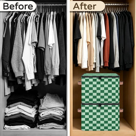 Keeping Your Setup Clean With This Dope Green Checkered Fabric Storage Bin Featuring A Zipper Lid Stackable Foldable Closet Nursery Organizers Large Capacity Toy Trunk Box Bedroom Bathroom Vibe in tidy closet.
