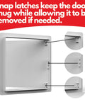 Close-up of Heavy Duty 8X8 Inch Hinged Drywall Access Panel showing snap latches for secure door fitting and easy removal.