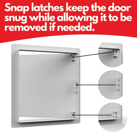 Close-up of Heavy Duty 8X8 Inch Hinged Drywall Access Panel showing snap latches for secure door fitting and easy removal.