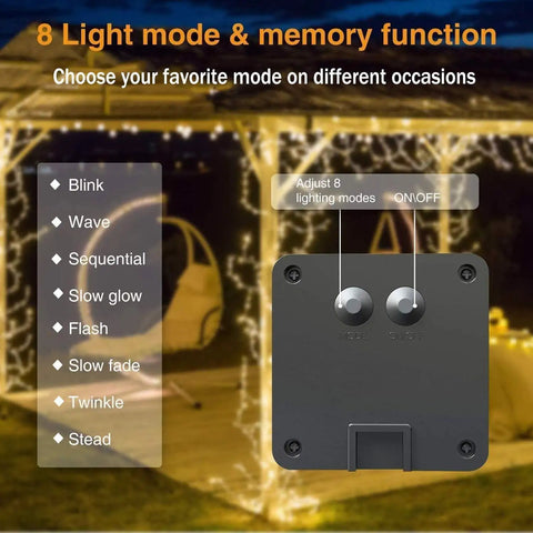Solar Powered Fairy Lights Outdoor Waterproof 200 LEDs Copper Wire String Lights With 8 Modes Waterfall Style Firefly Vine Lights For Garden Trees Christmas Decor Dope Mom Gift control box in garden setting