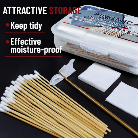 Front view of gun cleaning kit in clear plastic storage box with patches, long cotton swabs, and lint-free cloths