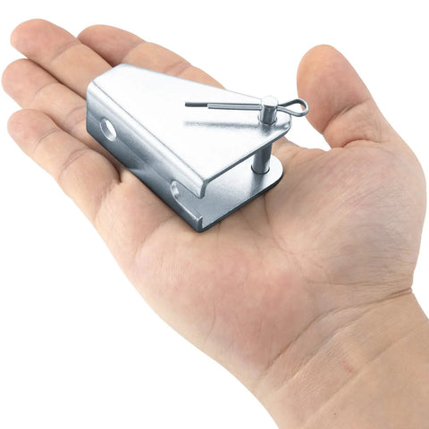 Hand holding a durable heavy duty metal mounting bracket for linear actuators, 180 degree rotation, silver, 2 pack.