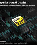 USB Audio Interface For Recording, Streaming, And Podcasting With 5 In 1 Hub, highlighted Hi-Res Audio specs and sampling rates