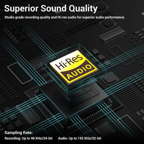 USB Audio Interface For Recording, Streaming, And Podcasting With 5 In 1 Hub, highlighted Hi-Res Audio specs and sampling rates