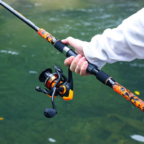 3 Piece Surf Fishing Rod And Reel Combo With Medium Heavy Travel Spinning Rod 5000 Size Reel Baitfeeder 9 Foot Orange Catapult Style Long Casts For