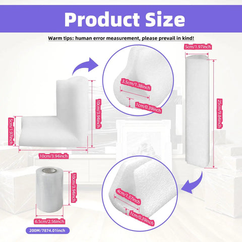 Thickened Foam Corner Protectors Kit with 24 Pads & 8 Strips showing dimensions for TV mirrors picture frames protection