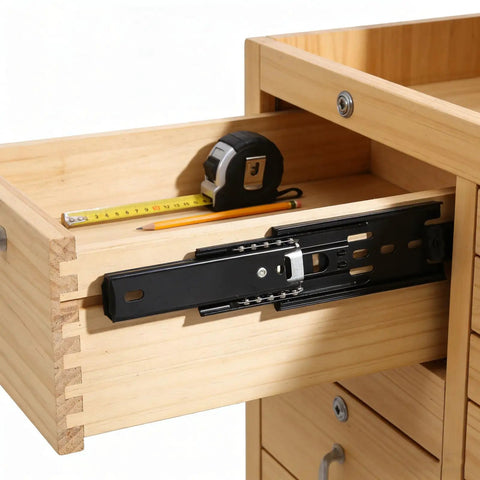 Heavy Duty Silent Telescoping Drawer Slides 3 Section Ball Bearing Bottom Mount Black 2 Pack mounted on wooden drawer