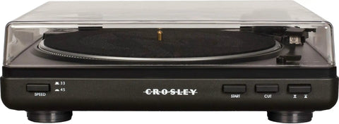 Crosley T400D Black Fully Automatic 2-Speed Turntable showing controls and vinyl surface, designed for easy use and retro style.