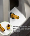 Close-up of Tubeless Metal Clamp In Valve Stems 5 Piece Set For 0.453 Inch Rim Holes, gold color in a tire rim.