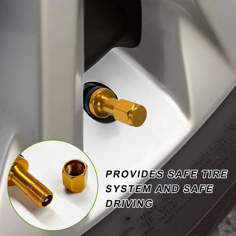 Close-up of Tubeless Metal Clamp In Valve Stems 5 Piece Set For 0.453 Inch Rim Holes, gold color in a tire rim.