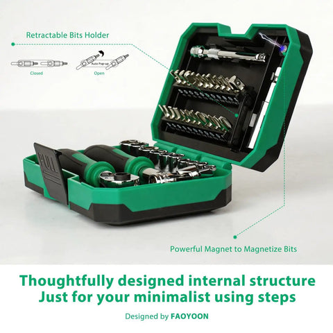 39 Piece Ratcheting Wrench Set With Mini Sockets Magnetic Screwdrivers Power Bits Universal Joints Spinner Extensions in green box