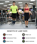 Two people using 10 Pack PVC Jump Ropes For Cardio Fitness Versatile Adjustable Skipping Rope Set For Women Men Kids Speed Jump Rope For Exercise 9 Feet Length Durable Lightweight Construction Perfect For HIIT Warmups And All Skill Levels in gym with benefits chart below