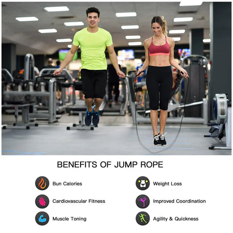 Two people using 10 Pack PVC Jump Ropes For Cardio Fitness Versatile Adjustable Skipping Rope Set For Women Men Kids Speed Jump Rope For Exercise 9 Feet Length Durable Lightweight Construction Perfect For HIIT Warmups And All Skill Levels in gym with benefits chart below