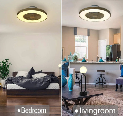 Cool 23 Inch LED Ceiling Fan With Remote Control in bedroom and living room, modern matte iron finish.