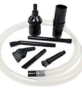 Micro Vacuum Attachment 7 Piece Kit For Electronics And Delicate Surfaces Tiny Yet Mighty Cleaning Set For TV Computers And Hard To Reach Spots Fits One And A Quarter Inch Wands displayed with hose and nozzles