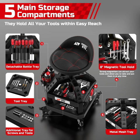 Rolling Shop Stool For Garage With Casters Adjustable Height 360 Degree Swivel Padded Mechanic Stool With Tool Tray Storage