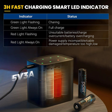 Heavy Duty Rechargeable Aa Lithium Batteries 8 Pack 1.5V 3000Mwh With Fast Charger And Storage Case 2500 Cycle Life Built Tough For Controllers Blink Cameras And Vrs Ready To Roll with LED charging indicator.
