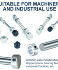 Real Deal Four Pack Three Quarter Inch Bore Solid Steel Shaft Collars With Heavy Duty Zinc Coating And Reliable Cup Point Set Screws, showing shafts and collars.
