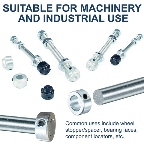 Real Deal Four Pack Three Quarter Inch Bore Solid Steel Shaft Collars With Heavy Duty Zinc Coating And Reliable Cup Point Set Screws, showing shafts and collars.