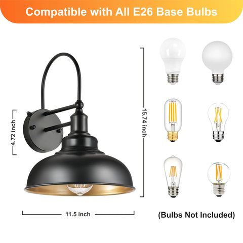 2-Pack Dusk to Dawn Outdoor Barn Lights Black Gooseneck Wall Sconce for Farmhouse Barn Garage Exterior Light Fixture E26 Bulb Compatibility