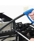 Person using a hacksaw on a Heavy Duty Utility Cart With Rolling Storage Organizer For Maintenance Crews Includes Power Drill But No Hand Tools Industrial Grade Mobile Workhorse.