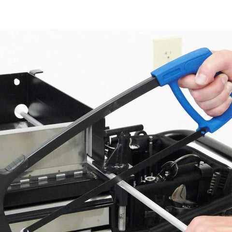 Person using a hacksaw on a Heavy Duty Utility Cart With Rolling Storage Organizer For Maintenance Crews Includes Power Drill But No Hand Tools Industrial Grade Mobile Workhorse.