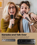 Two people singing into microphones with the Beefy 1000W Peak Power Four Channel Stereo Receiver With Bluetooth 5.0, USB Playback image shown below.