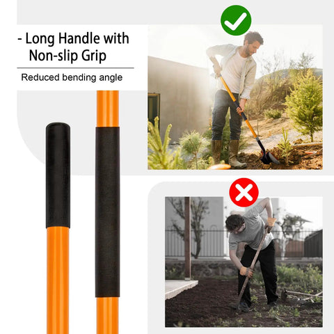 Heavy Duty Garden Shovel With 56 Inch Round Blade And Fiberglass Handle In Orange. Pro Grade Non Slip Grips Shown In Use For Yard Work.