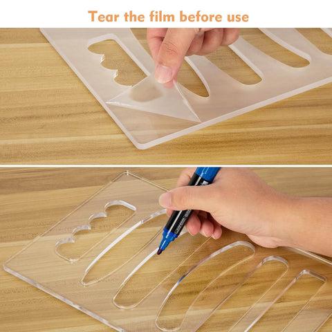 Person peeling film from Six In One Charcuterie Board Handle Template, Acrylic Grab Handle Router Template For Woodworking.