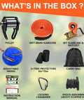 65 Foot Backyard Ninja Zipline And Slackline Kit contents including pulley, slackline, ratchet, swing, tree protectors, and carry bag.