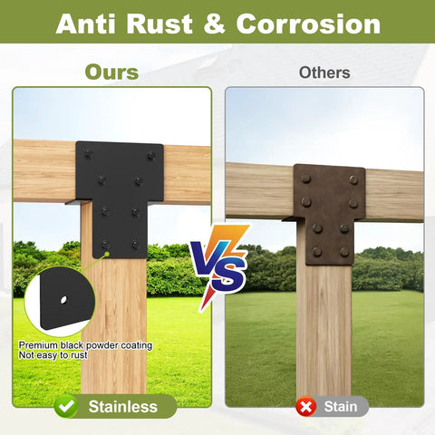 Comparison of Beefed Up Heavy Duty 4x4 Post Caps Tie Brackets Actual 3.5 By 3.5 Inches showing black powder-coated vs rusted finish