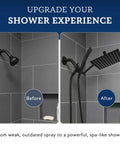Before and after comparison showing shower upgrade with All Metal 8 Inch Dual Square Shower Head And Handheld Spray Combo With Rain Mode.