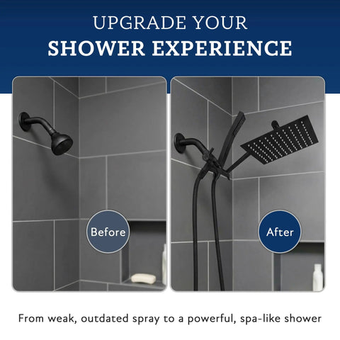 Before and after comparison showing shower upgrade with All Metal 8 Inch Dual Square Shower Head And Handheld Spray Combo With Rain Mode.