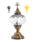 Cracked Clear Moroccan Mosaic Table Lamp With Handmade Turkish Glass Light Bulb Included shown off and on